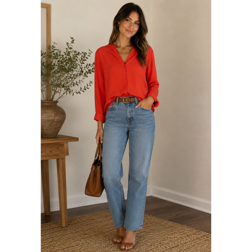 Eileen Fisher 100% Silk Button Up Blouse Orange Long Sleeve Tunic Classic Size S
